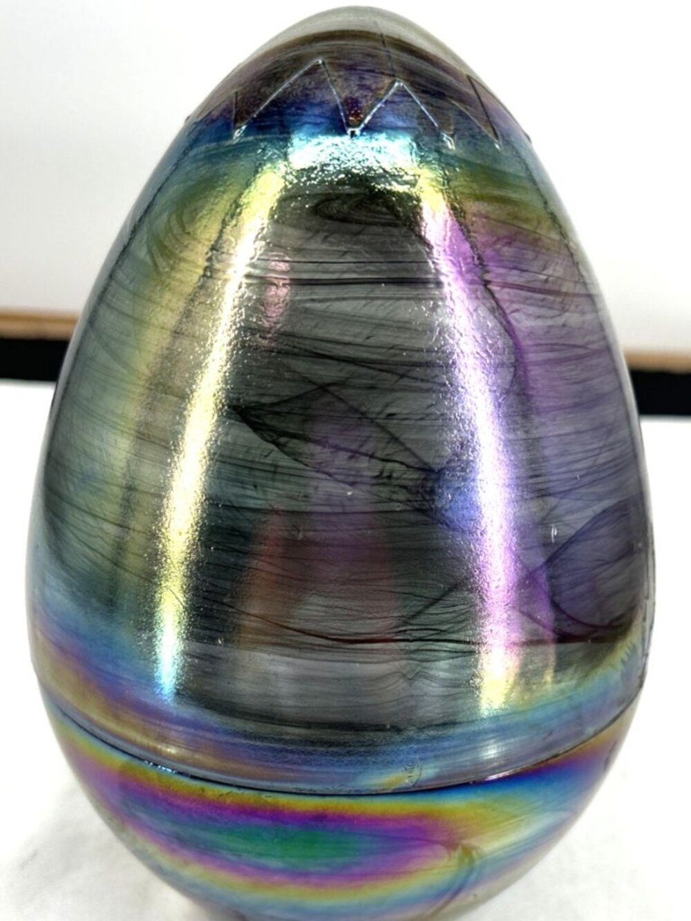 Akcam Art Glass Rainbow Iridescent Carnival Glass Egg Turkey Handcrafted 8"